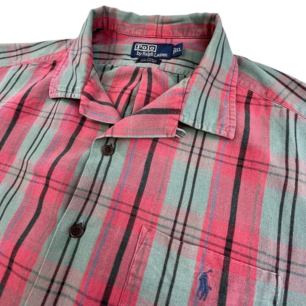 Vintage Polo Ralph Lauren Shirt XL Camp Loop Collar Cotton Caldwell Plaid
